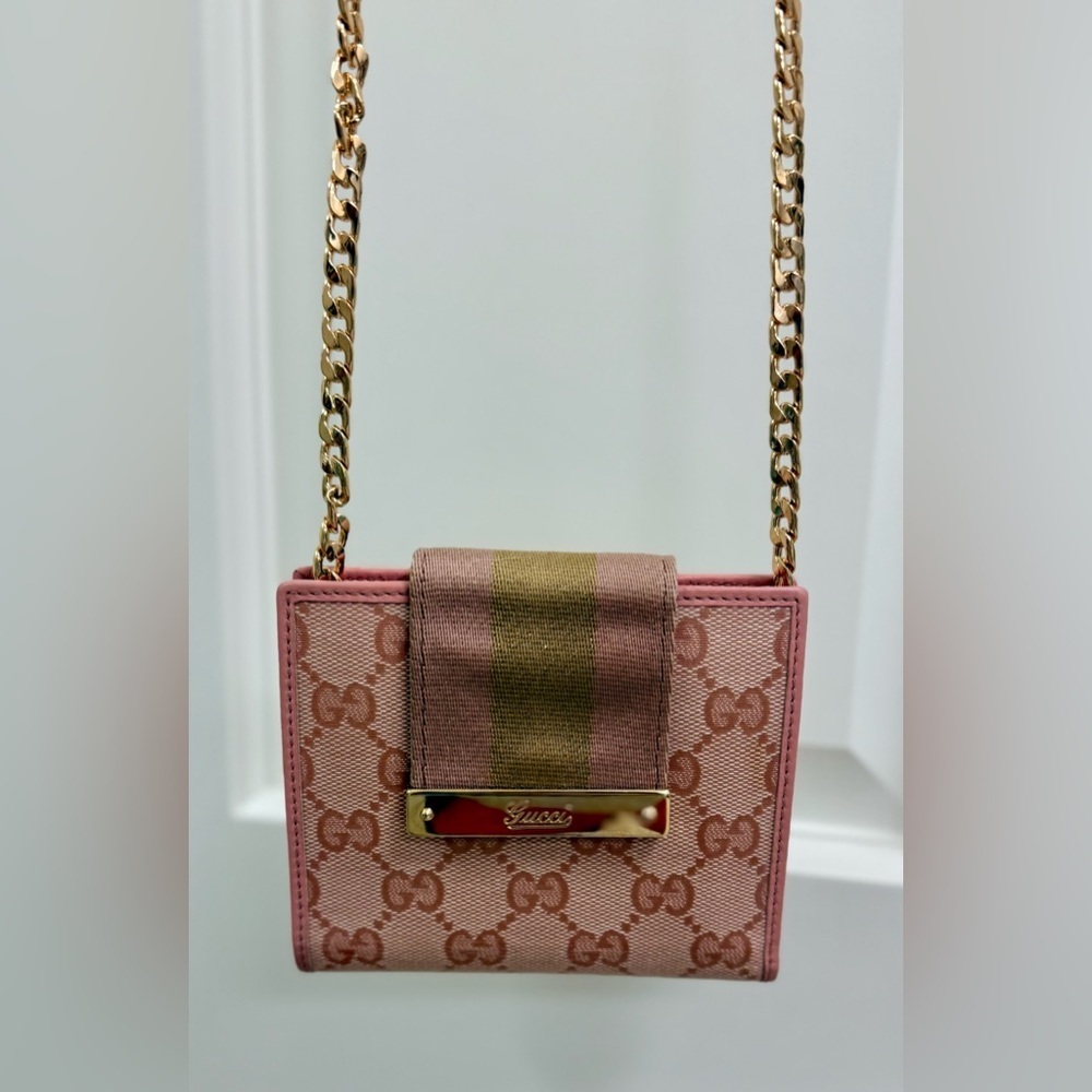 Gucci Pink Brown Mini Chain Shoulder Bag with Gold Hardware